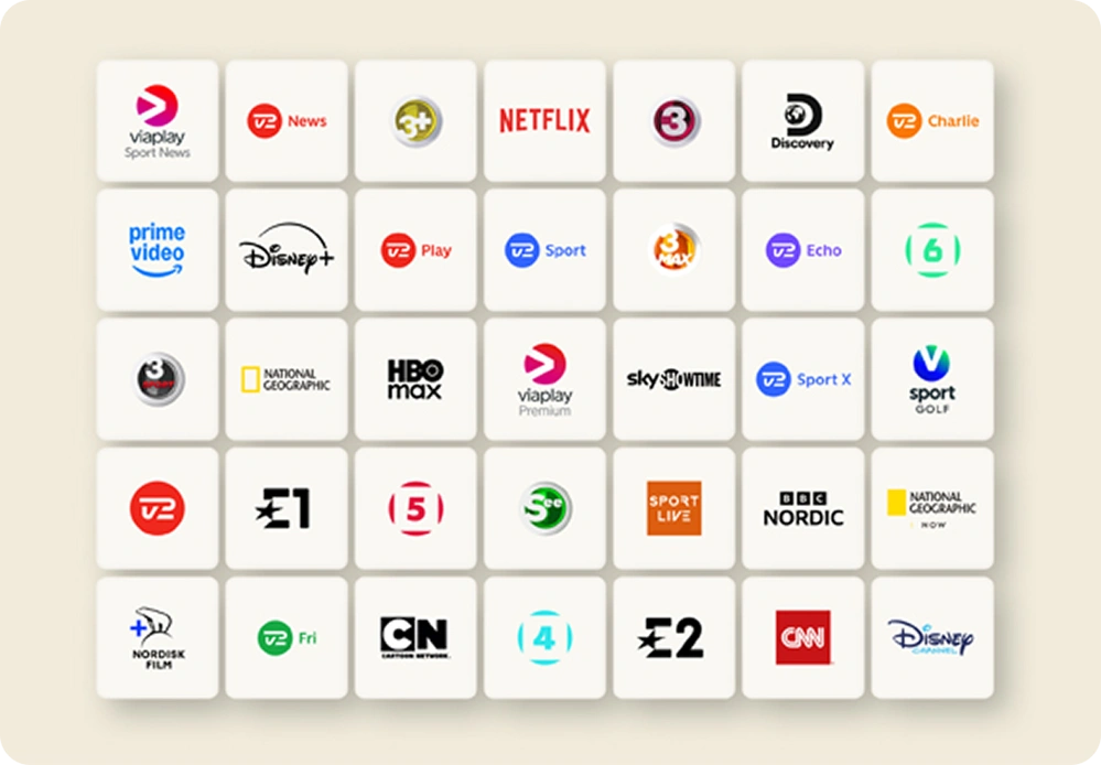 Oversigt over populære streamingtjenester og apps vist som ikon-grid på tv-skærm.