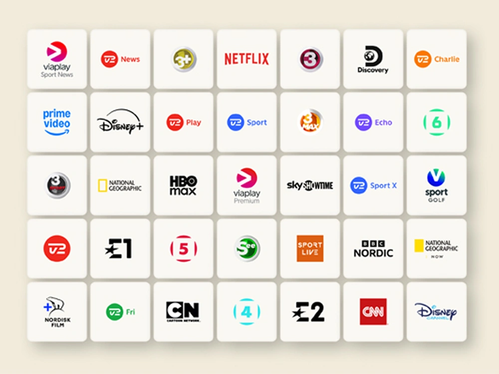 Oversigt over populære streamingtjenester og apps vist som ikon-grid på tv-skærm.